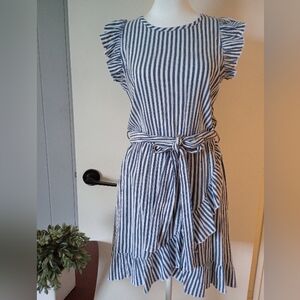 Morgan Taylor Blue and White Striped Ruffled Mini Dress Size Small